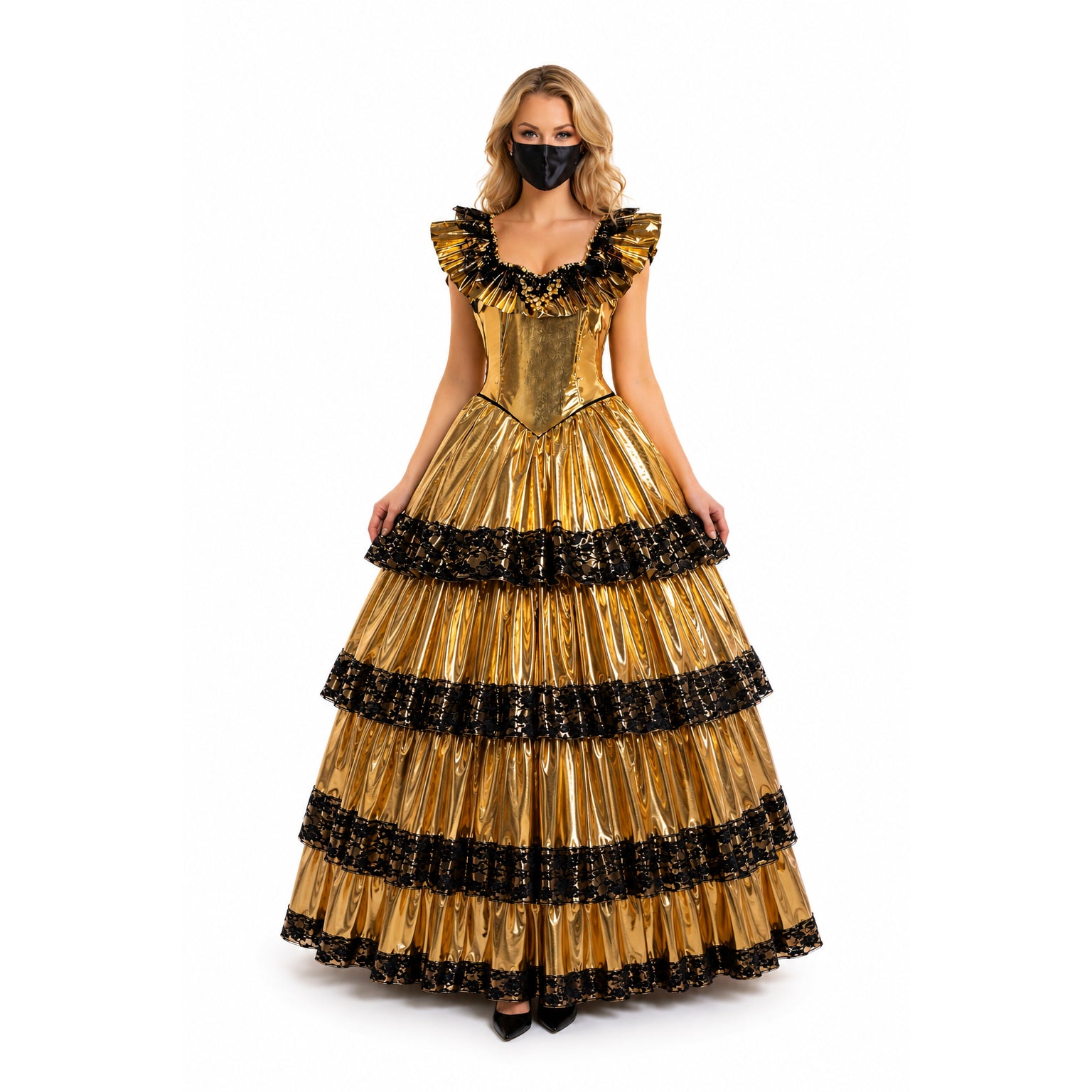 Gold sissy maid dress with black lace trim, featuring ruffled neckline and tiered skirt for elegant costume fashion.