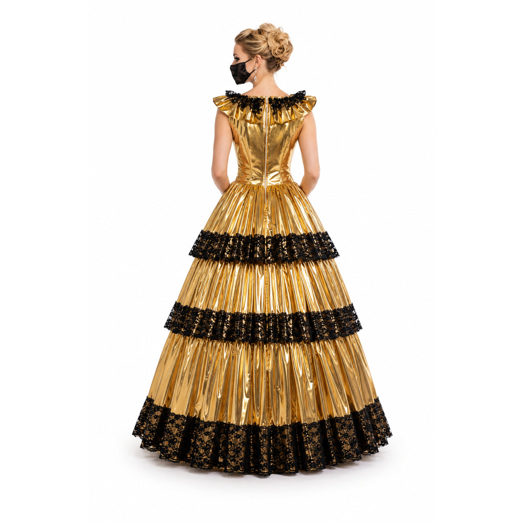 Gold sissy maid dress with black lace trim, off-shoulder ruffles, and tiered skirt, back view
