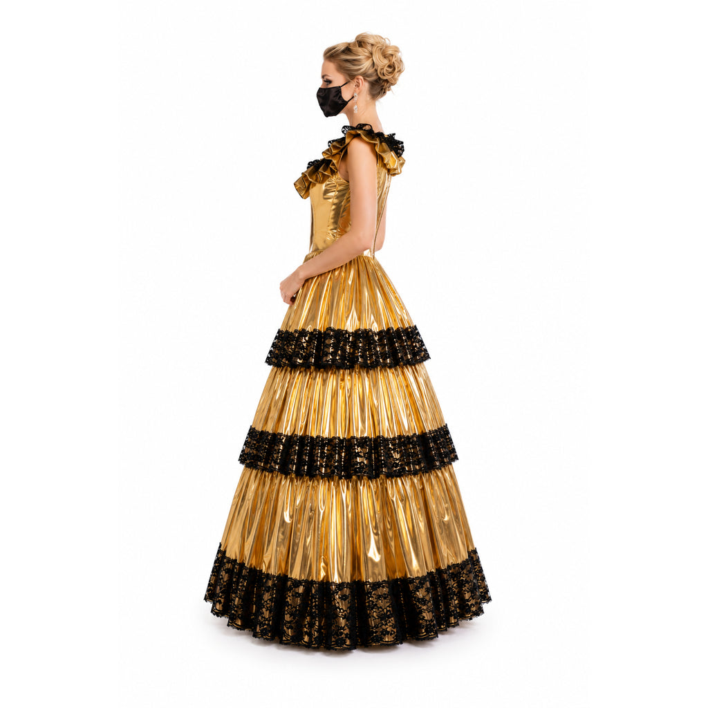 Gold sissy maid dress with black lace trim, elegant layered skirt, and ruffled shoulders