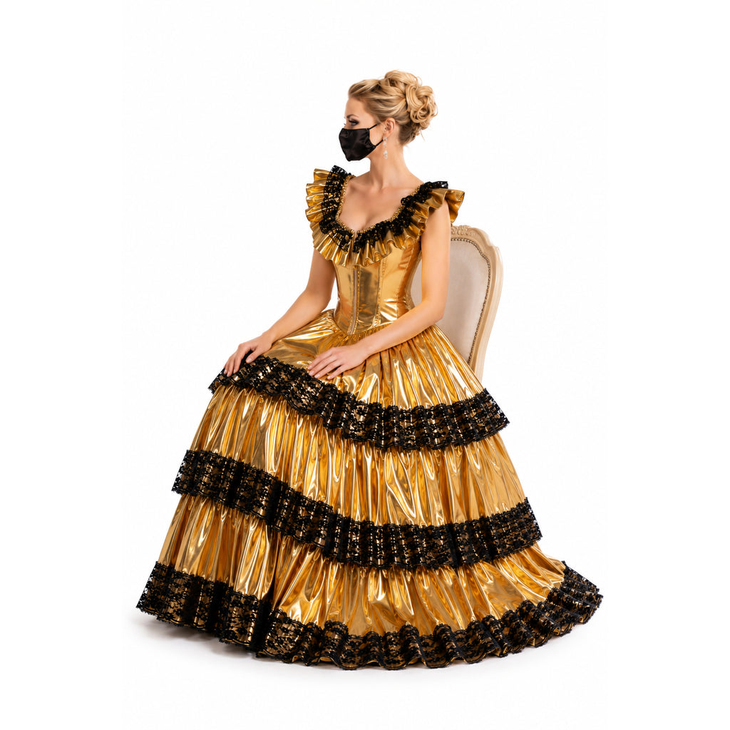 Gold sissy maid dress with black lace trim, elegant ruffles, and corseted bodice for boutique costume fashion
