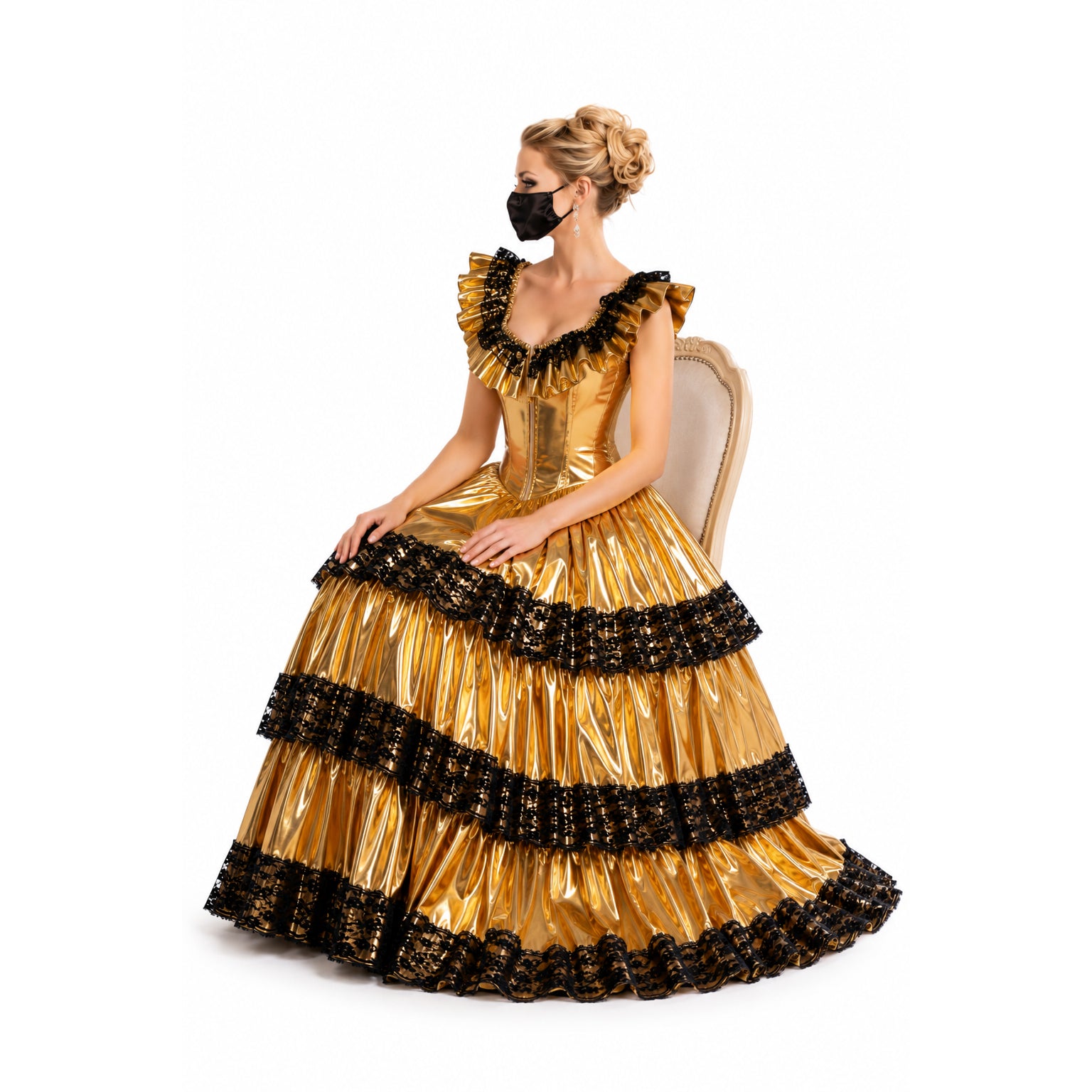 Gold sissy maid dress with black lace trim, elegant ruffles, and corseted bodice for boutique costume fashion