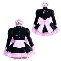 Black PVC sissy maid dress with pink ruffles, bow, and matching headpiece, front and back view