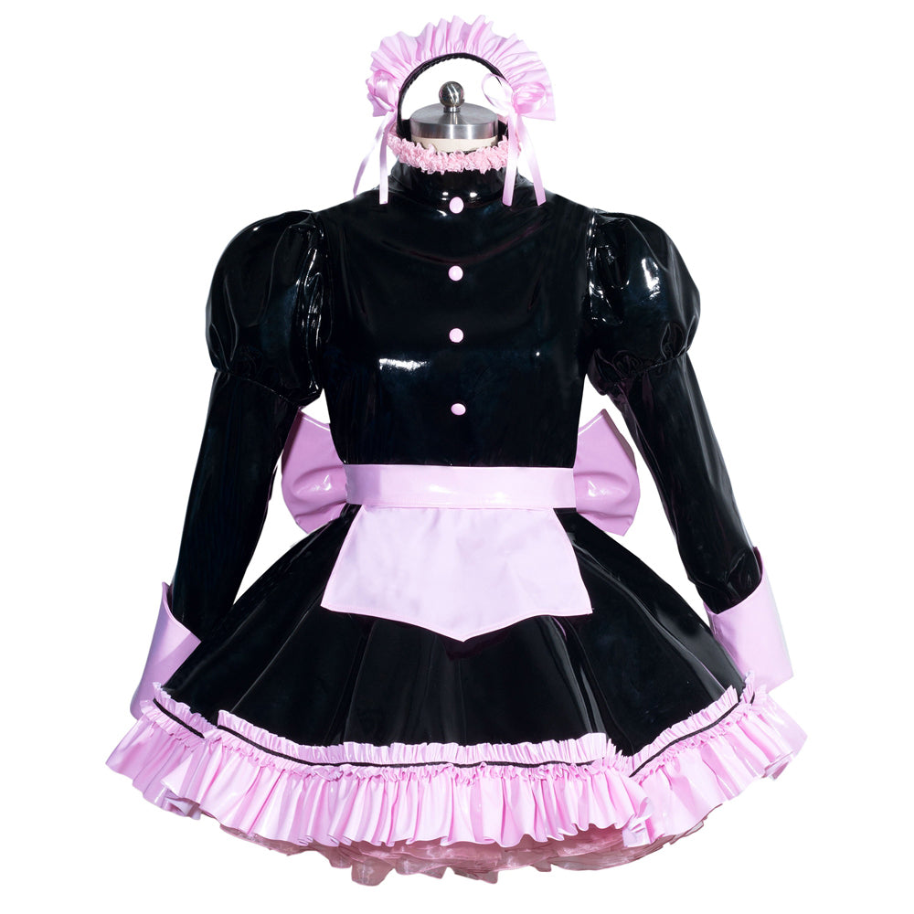 Black and pink sissy maid dress with PVC material, ruffles, and matching headpiece