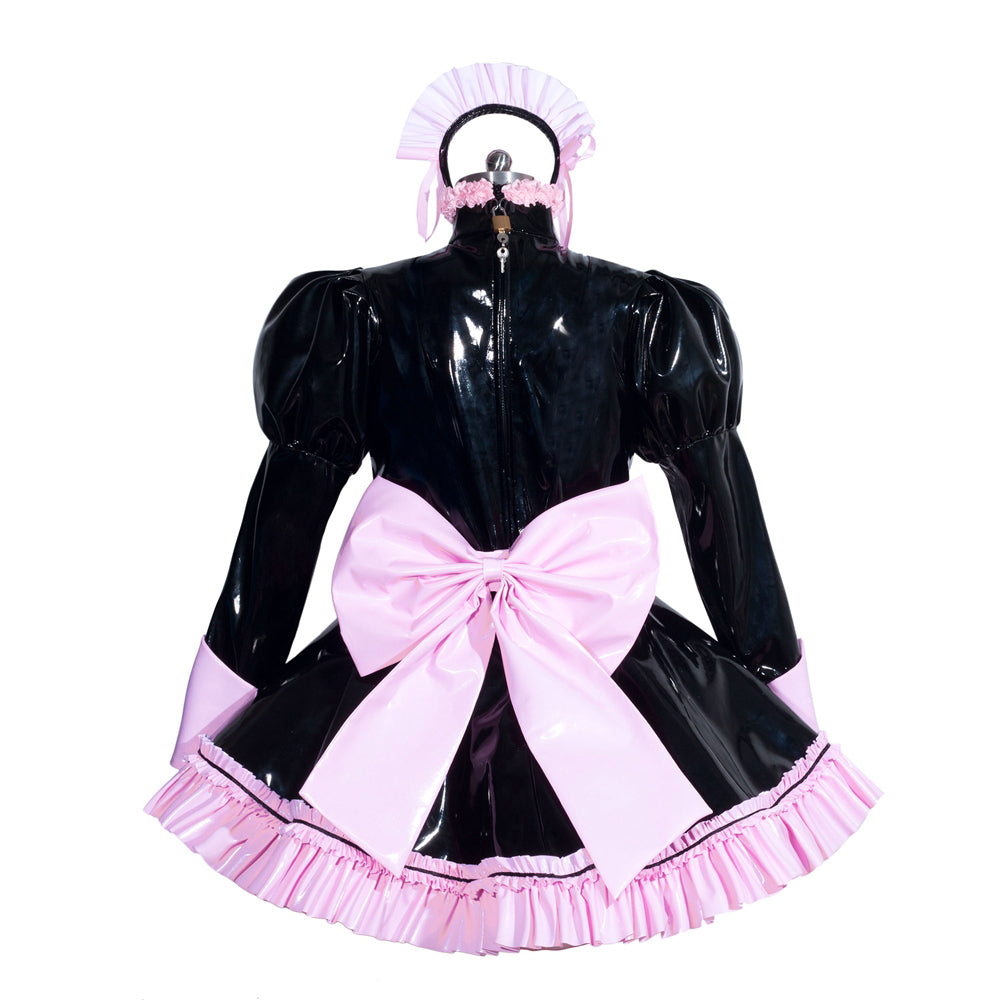 Black PVC sissy maid dress with pink bow, ruffles, and matching headpiece