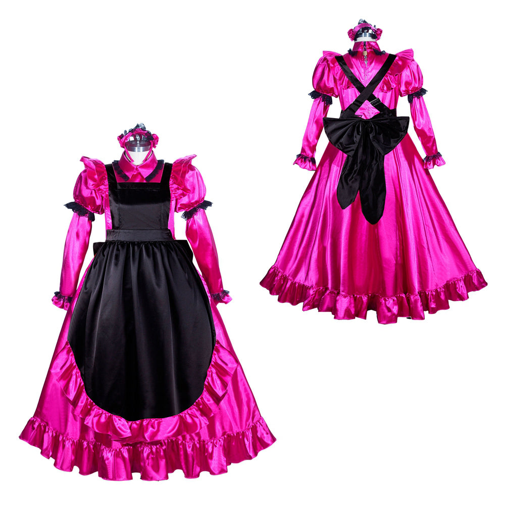 Pink and black sissy maid dress set with ruffles, bow, and apron, displayed on mannequins
