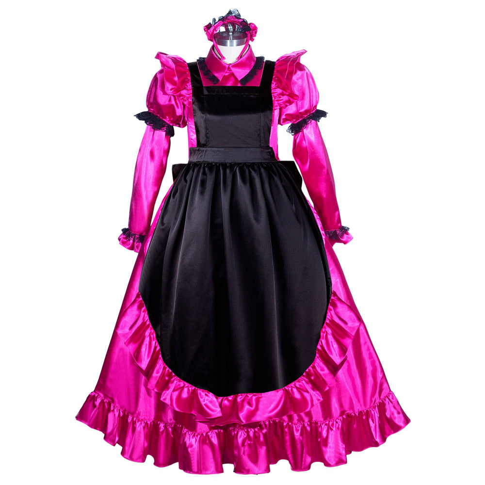 Pink and black sissy maid dress with ruffles, satin blouse, and apron-style skirt