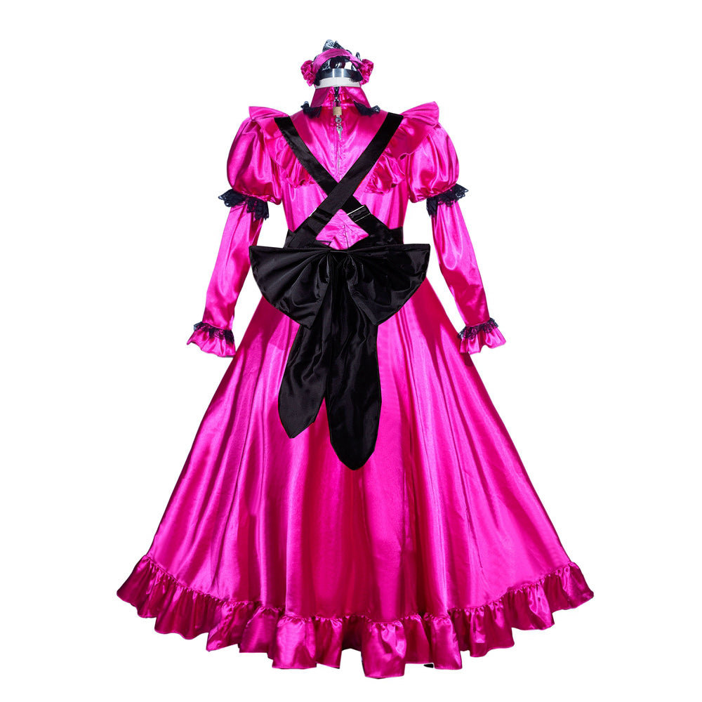 Pink sissy maid dress with black bow and ruffles, French-style costume set