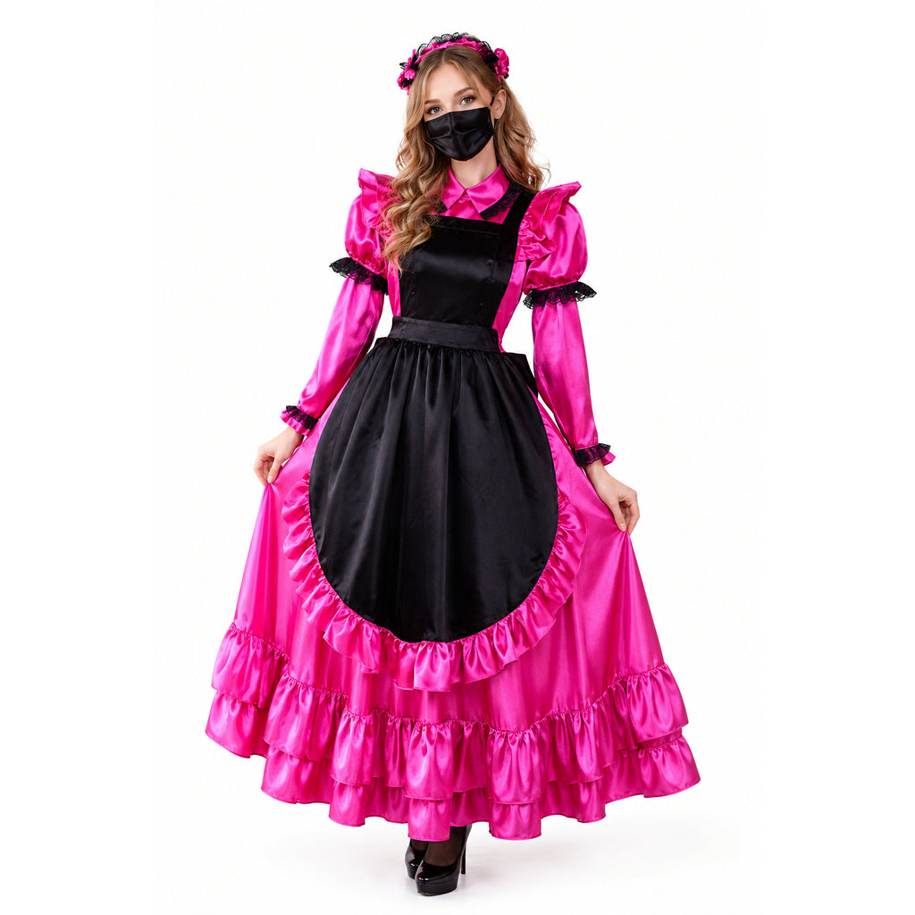 Pink and black sissy maid dress with ruffles, satin finish, and floral headband