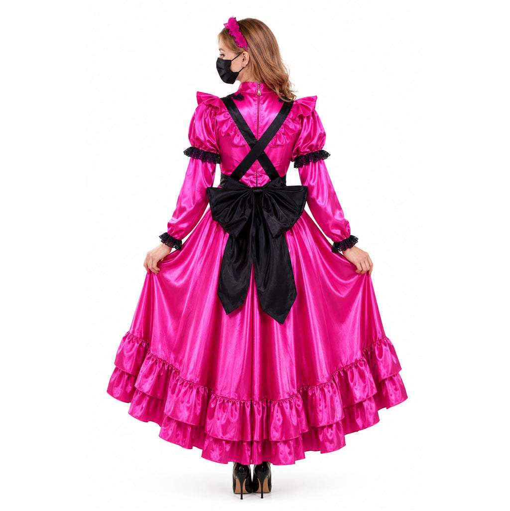 Pink sissy maid dress with black bow, ruffles, and satin finish, shown from back