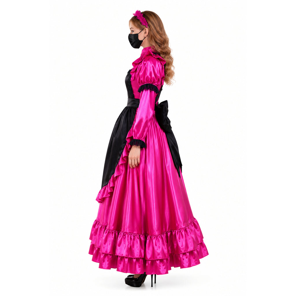 Pink and black sissy maid dress with ruffles, satin finish, and bow detail, styled with headband and heels
