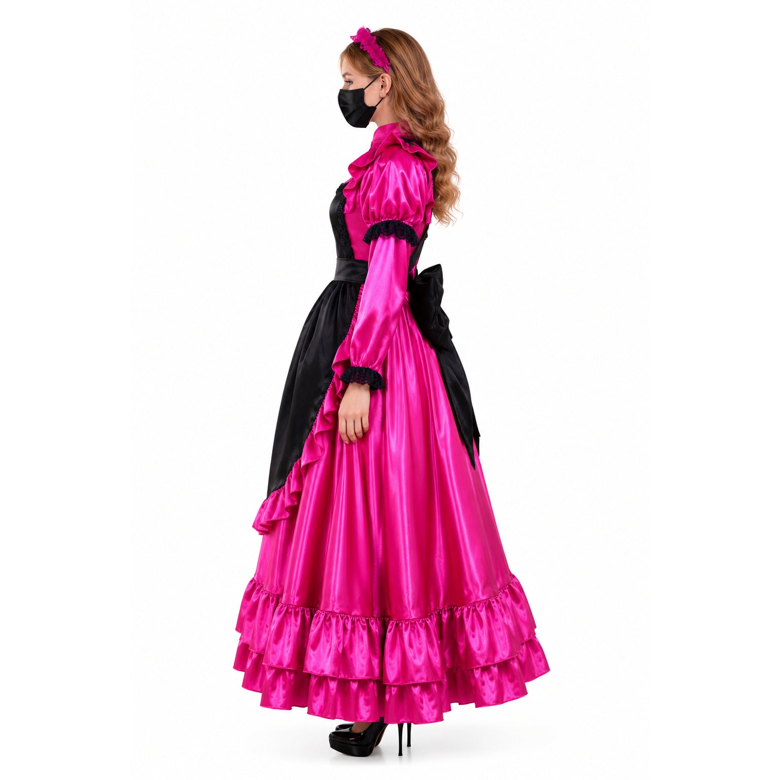 Pink and black sissy maid dress with ruffles, satin finish, and bow detail, styled with headband and heels