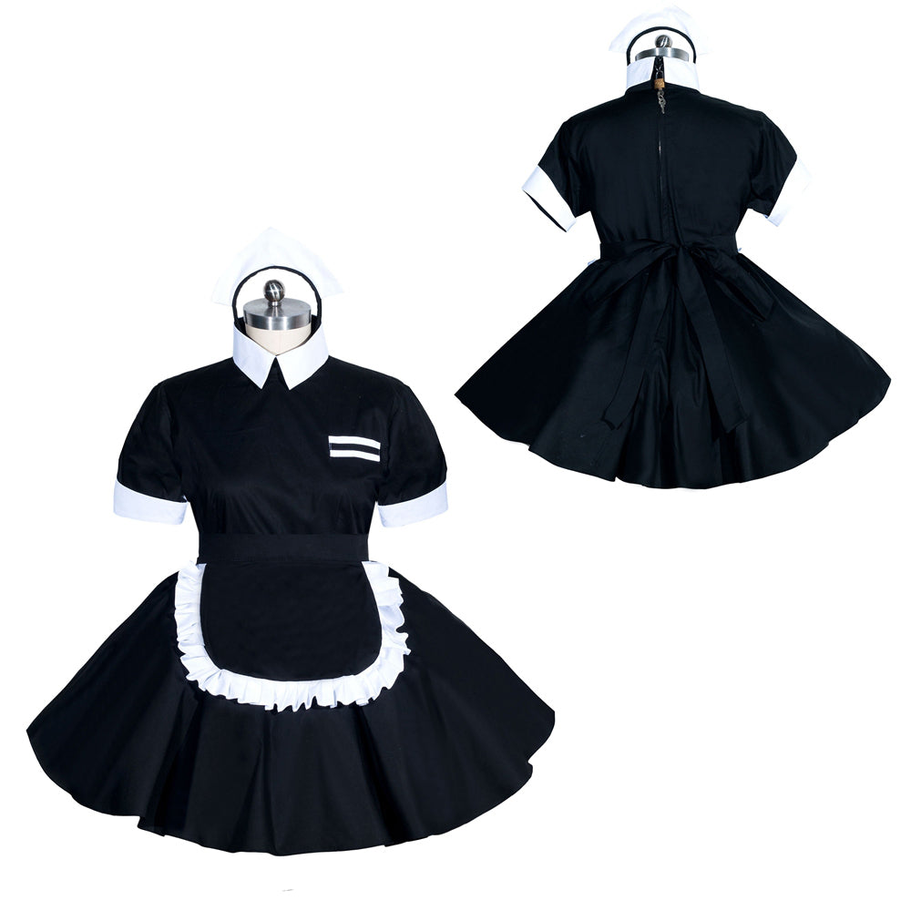 Black sissy maid dress with white apron and cap, front and back view