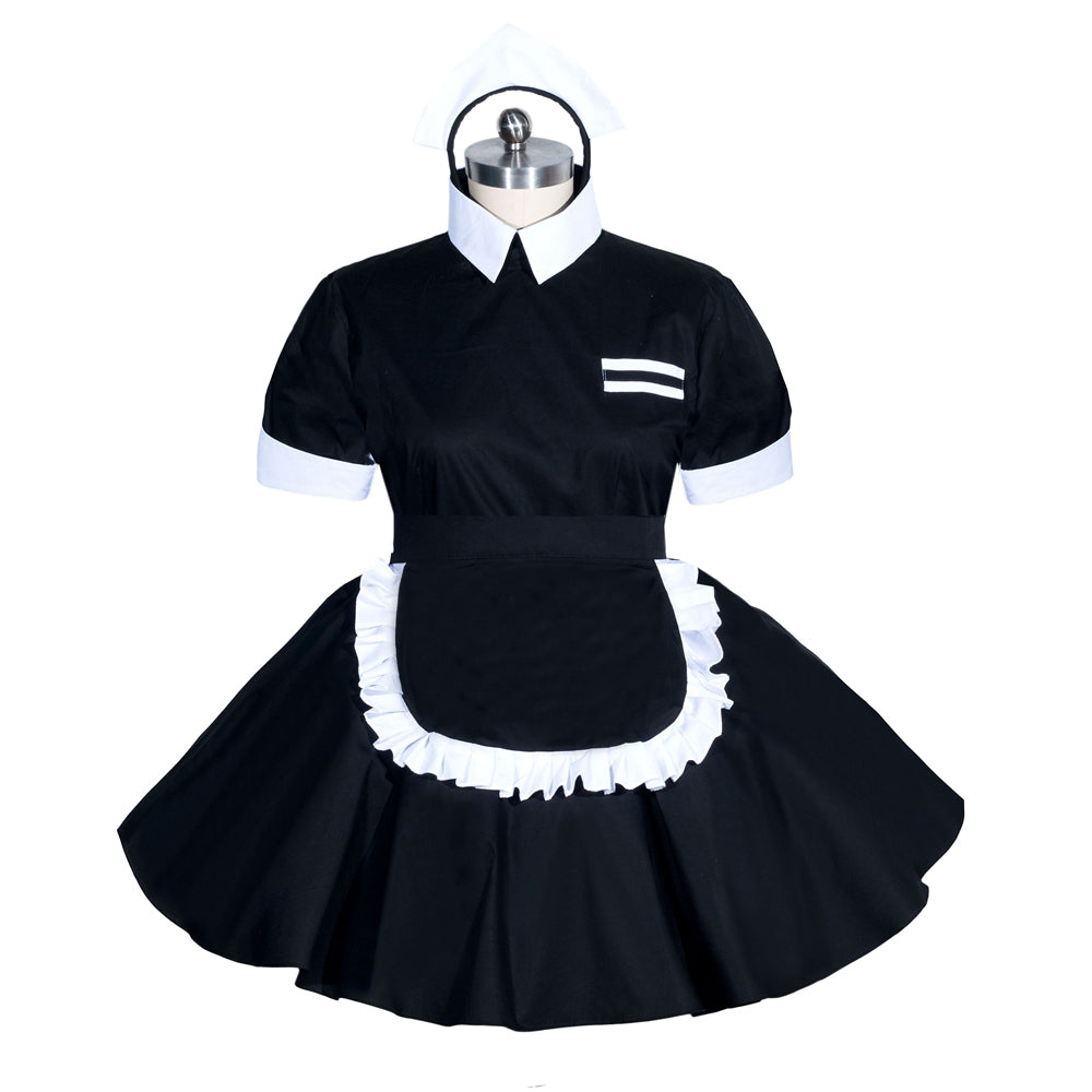 Black sissy maid dress with white apron and collar, displayed on mannequin