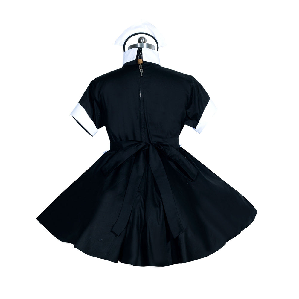 Black sissy maid dress with white trim, back view showing zipper and bow waist, on mannequin