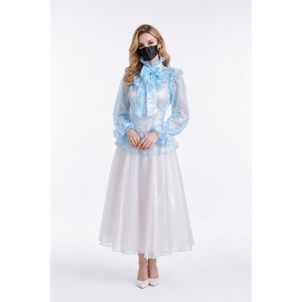 Elegant sissy maid dress with blue ruffled blouse, white tulle skirt, and satin bow, styled for boutique fashion.