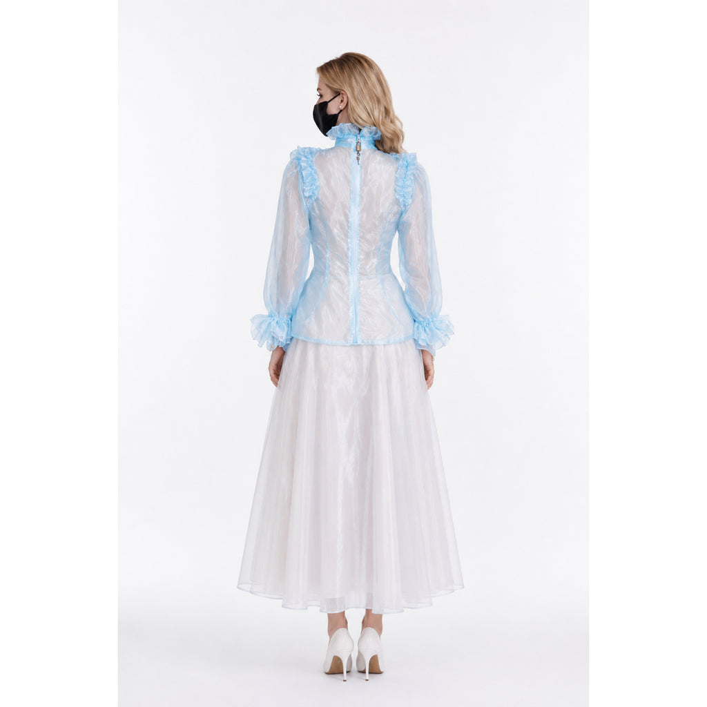 Back view of elegant sissy maid dress with sheer blue ruffled blouse and white tulle skirt, paired with white heels