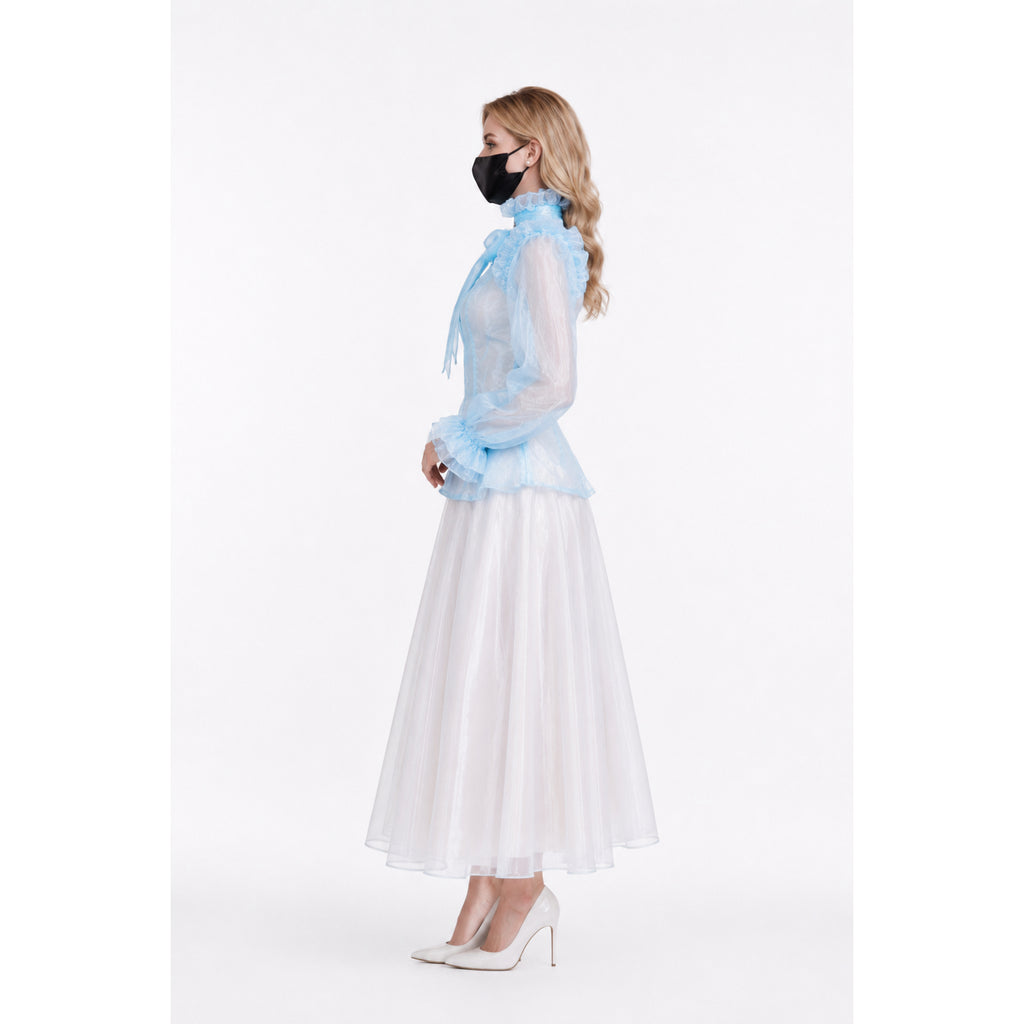 Blue ruffled blouse with white tulle skirt, sissy maid dress set, elegant costume fashion