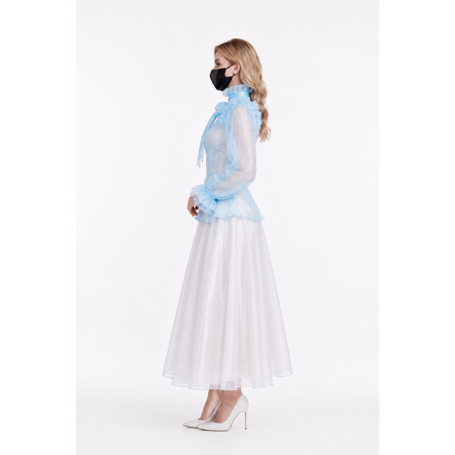 Blue ruffled blouse with white tulle skirt, sissy maid dress set, elegant costume fashion