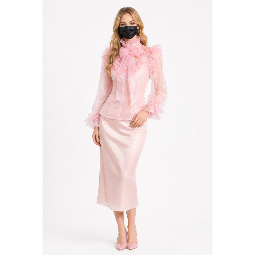 Pink sissy maid dress with ruffled blouse and satin skirt, elegant costume fashion