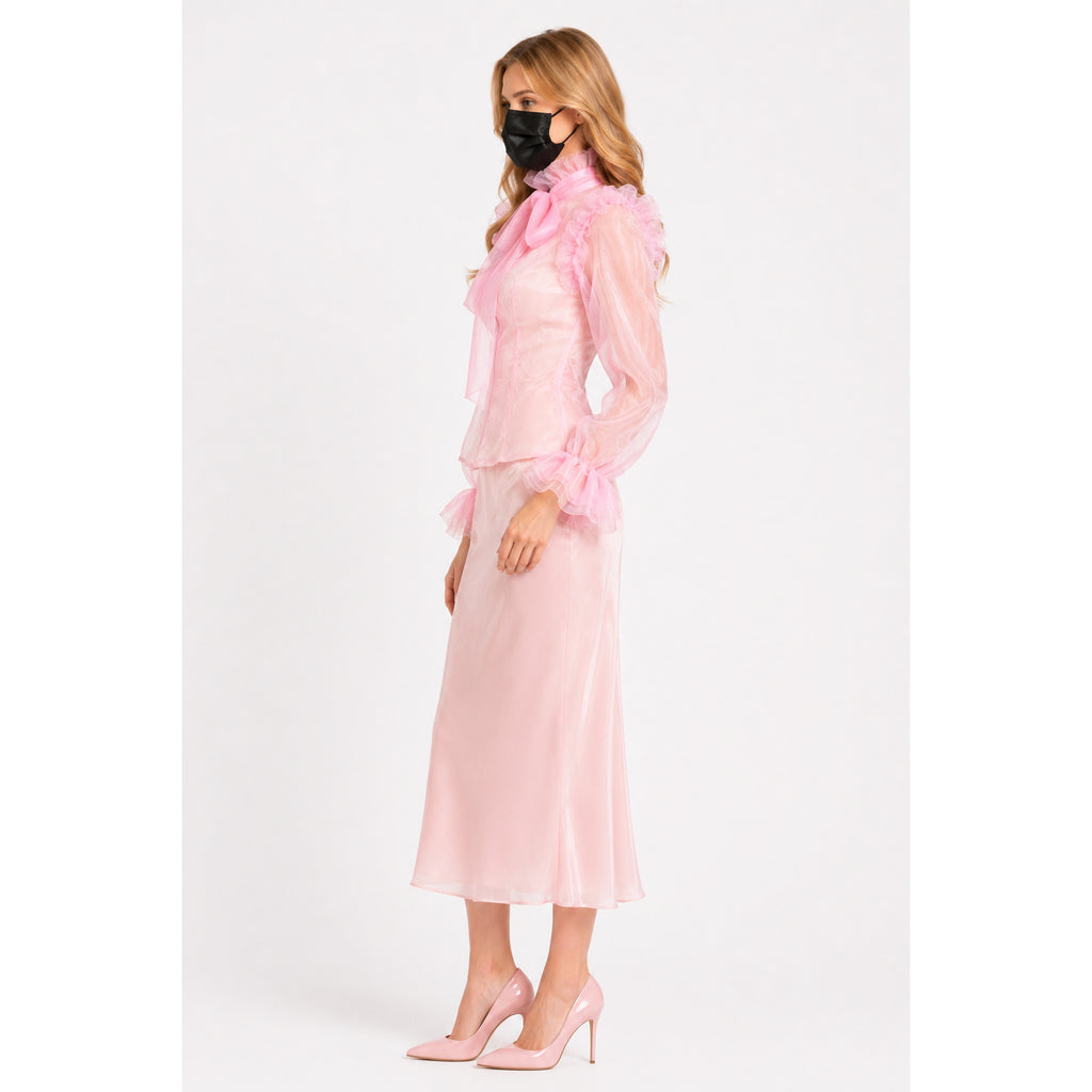 Pink sissy maid dress with ruffled blouse and satin skirt, paired with matching heels