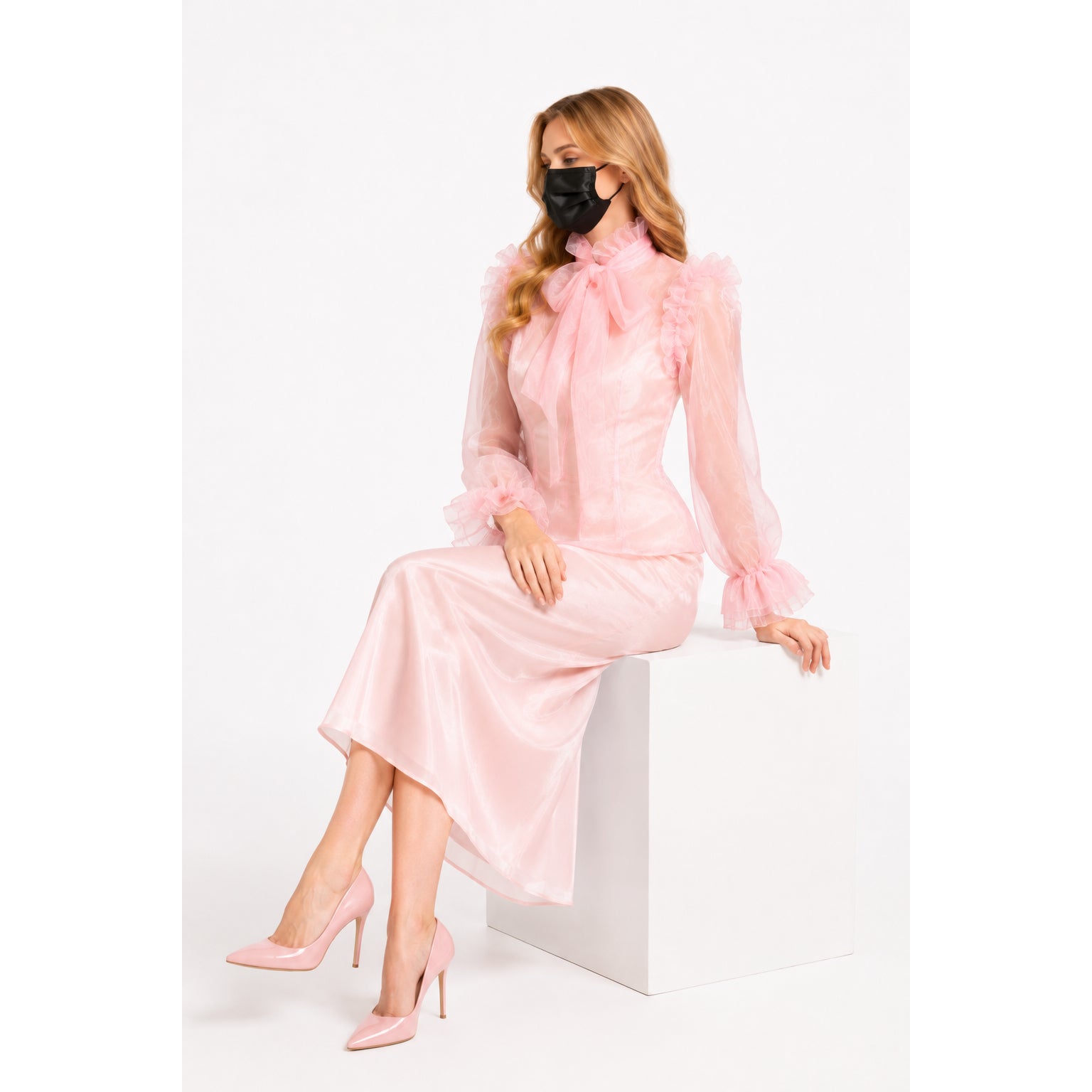 Pink sissy maid dress with ruffled blouse and satin skirt, paired with matching heels