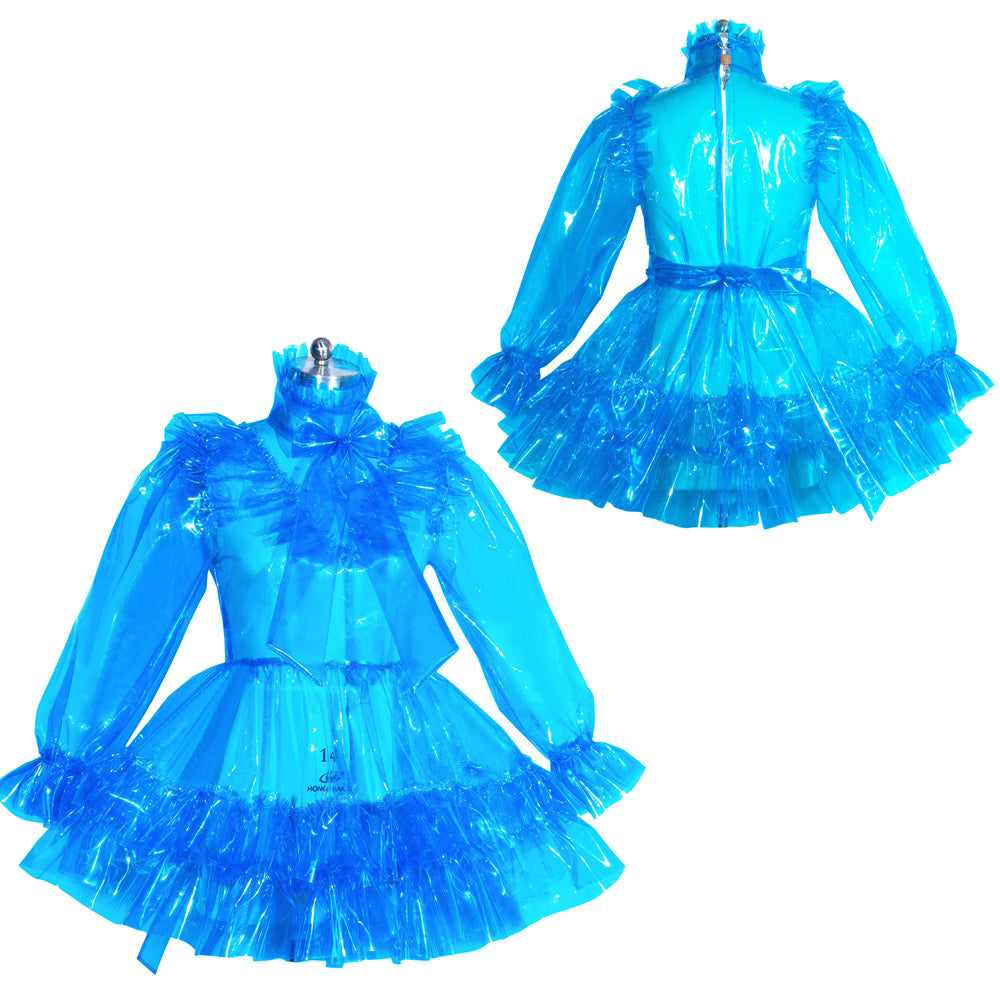 Blue PVC sissy maid dress with ruffles, bow, and zip-back design