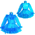 Blue PVC sissy maid dress with ruffles, bow, and zip-back design