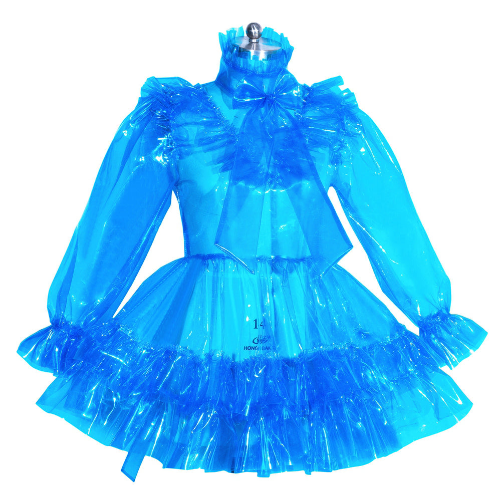 Blue PVC sissy maid dress with ruffles and bow, sheer long sleeves, flared skirt