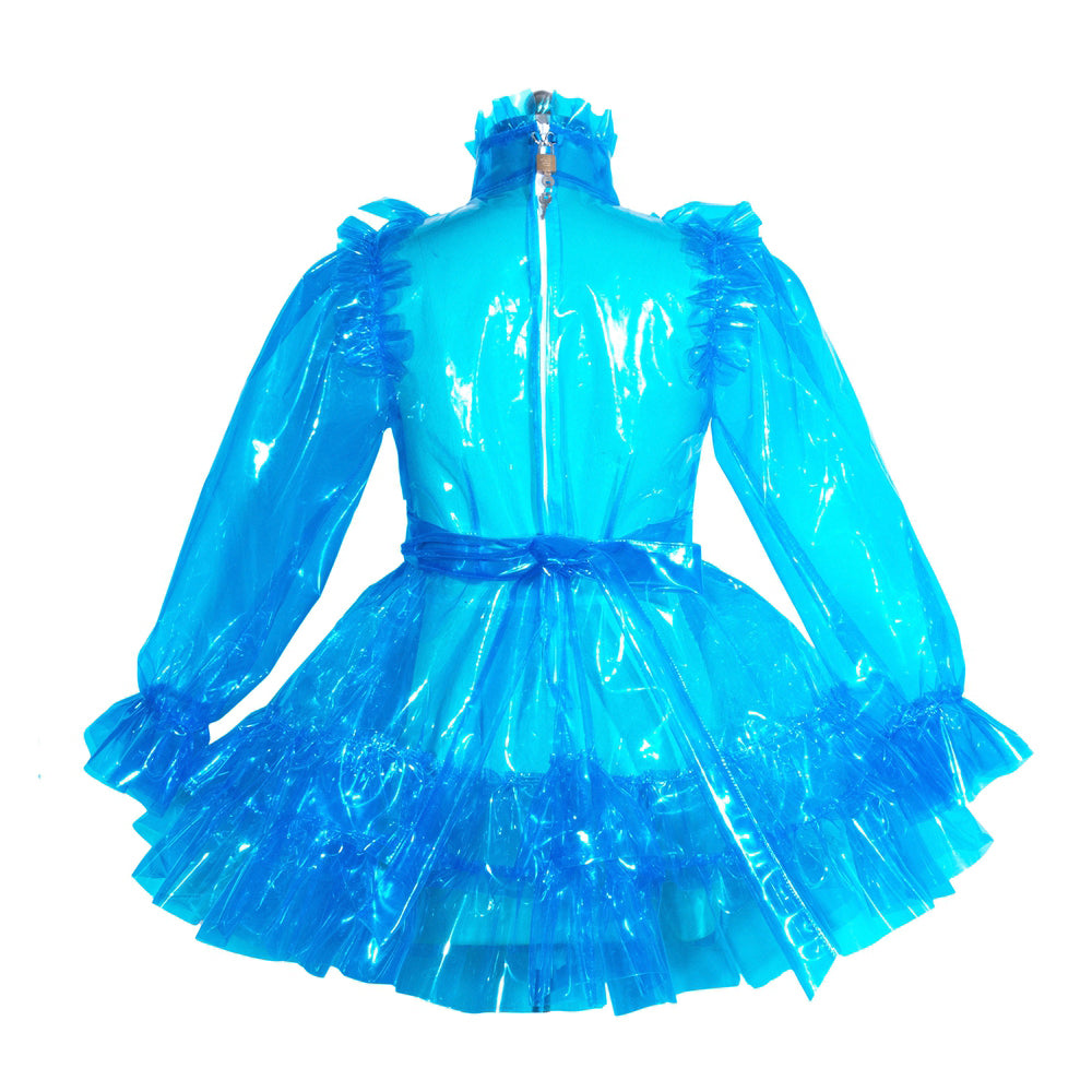 Shiny blue PVC sissy maid dress with ruffles, long sleeves, and back zipper
