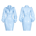 Light blue PVC sissy maid dress with button front, puffed sleeves, and fitted silhouette