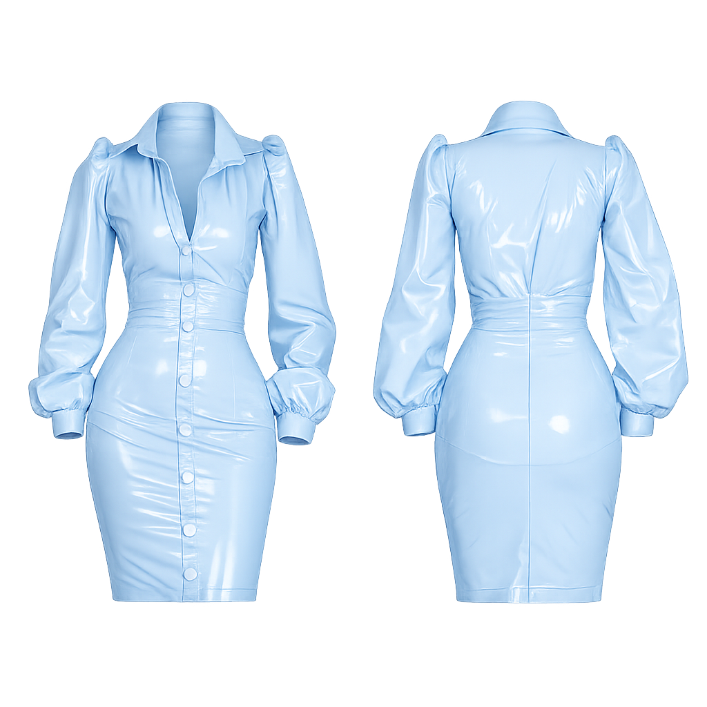 Light blue PVC sissy maid dress with button front, puffed sleeves, and fitted silhouette