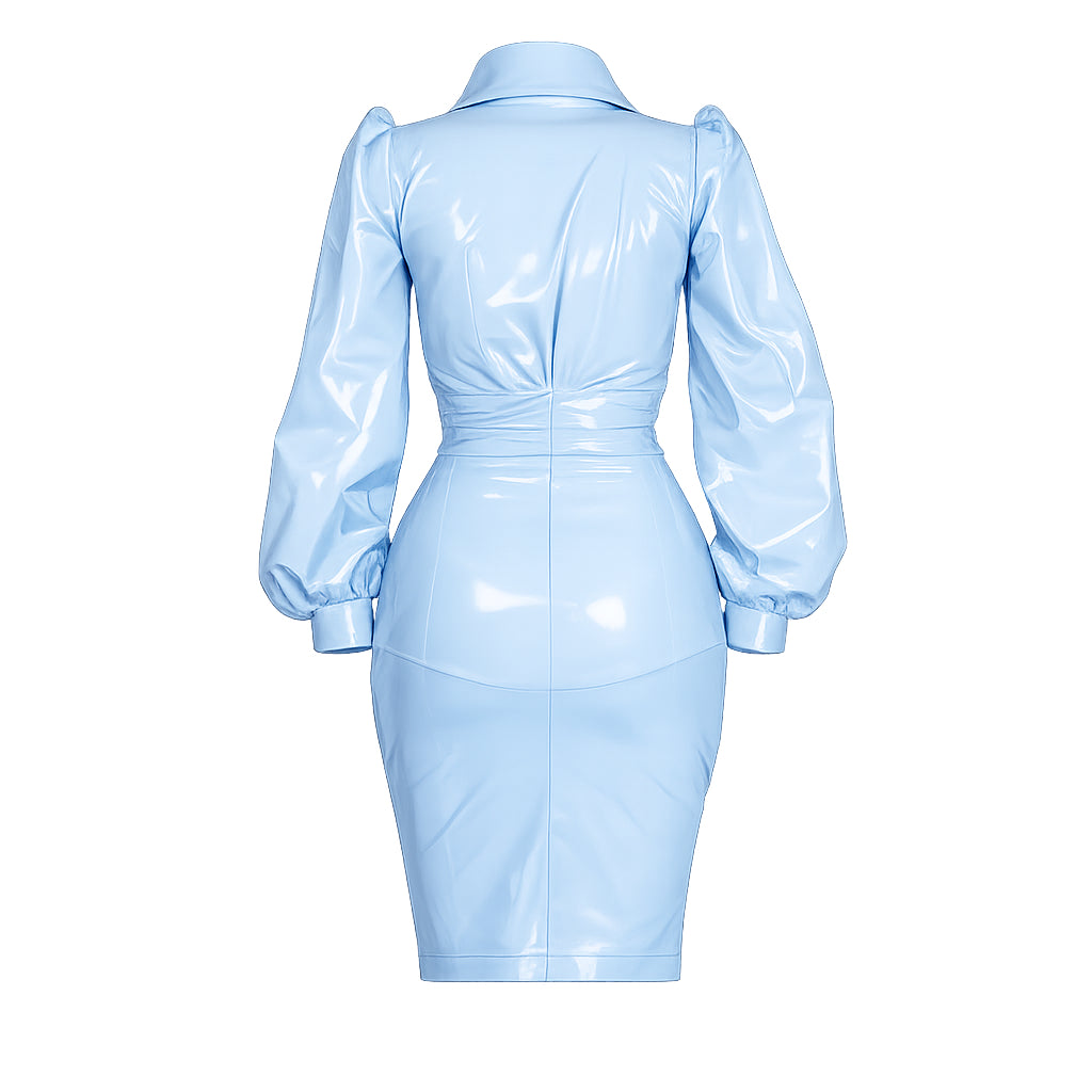 Light blue PVC sissy maid dress with puffed sleeves and fitted silhouette