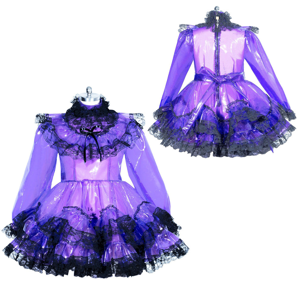 Purple sissy maid dress with black lace trim, sheer sleeves, and ruffled skirt, shown front and back