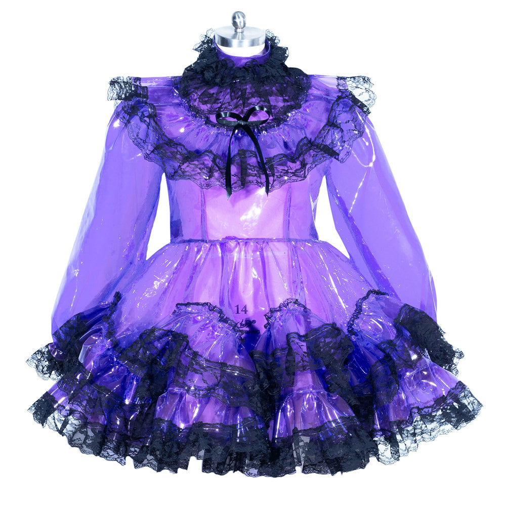 Purple PVC sissy maid dress with black lace trim and ruffles, featuring a bow collar and flared skirt.