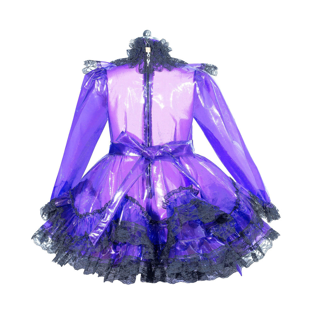 Purple PVC sissy maid dress with black lace trim and back zipper, elegant boutique costume