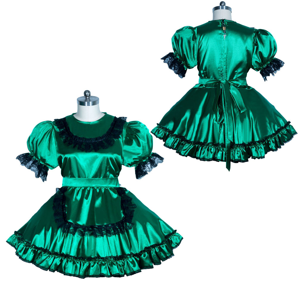 Emerald green sissy maid dress with black lace trim, puff sleeves, and ruffled skirt, shown front and back.