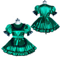 Emerald green sissy maid dress with black lace trim, puff sleeves, and ruffled skirt, shown front and back.