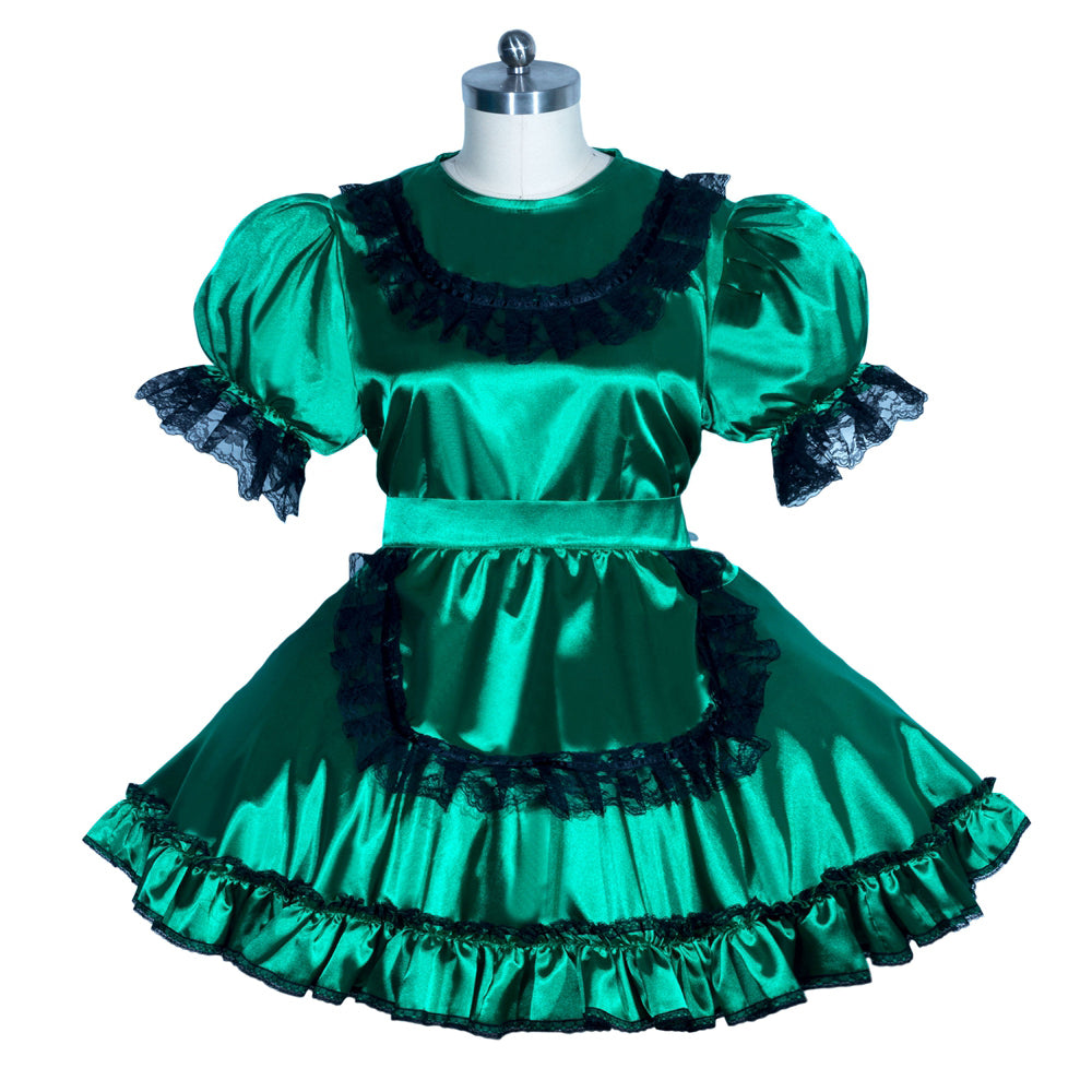 Emerald green sissy maid dress with black lace trim and puffed sleeves