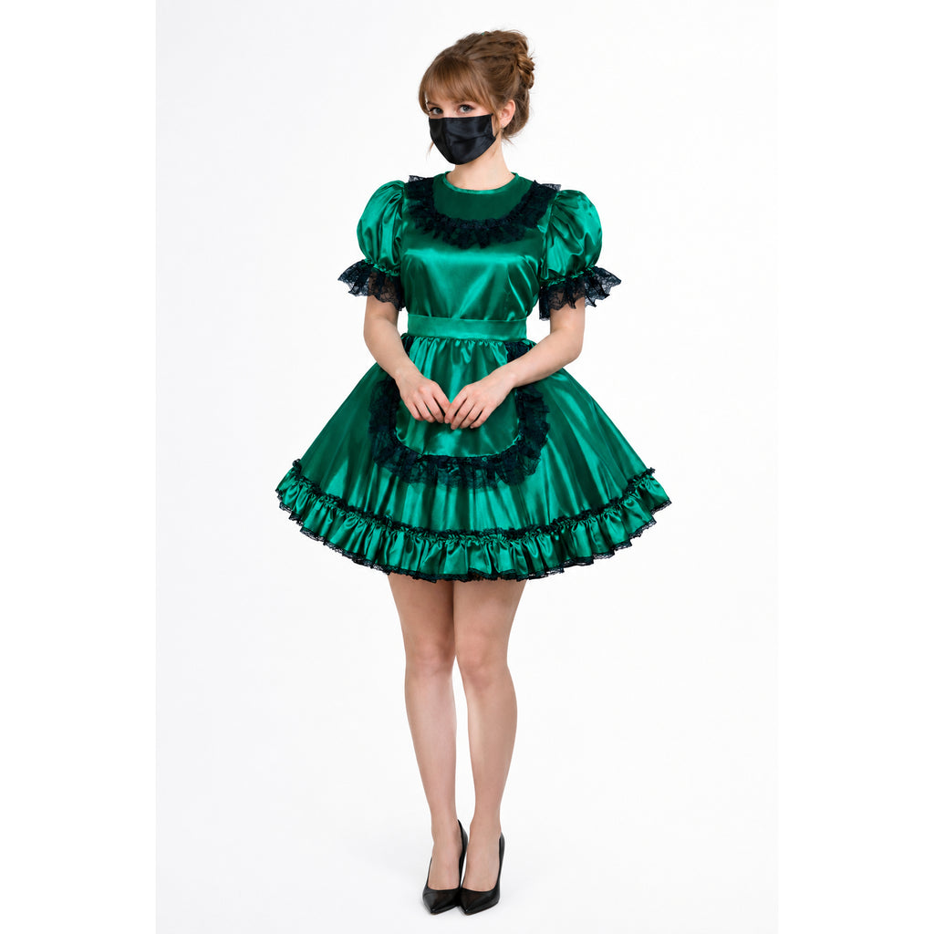 Emerald green sissy maid dress with black lace trim and puffed sleeves