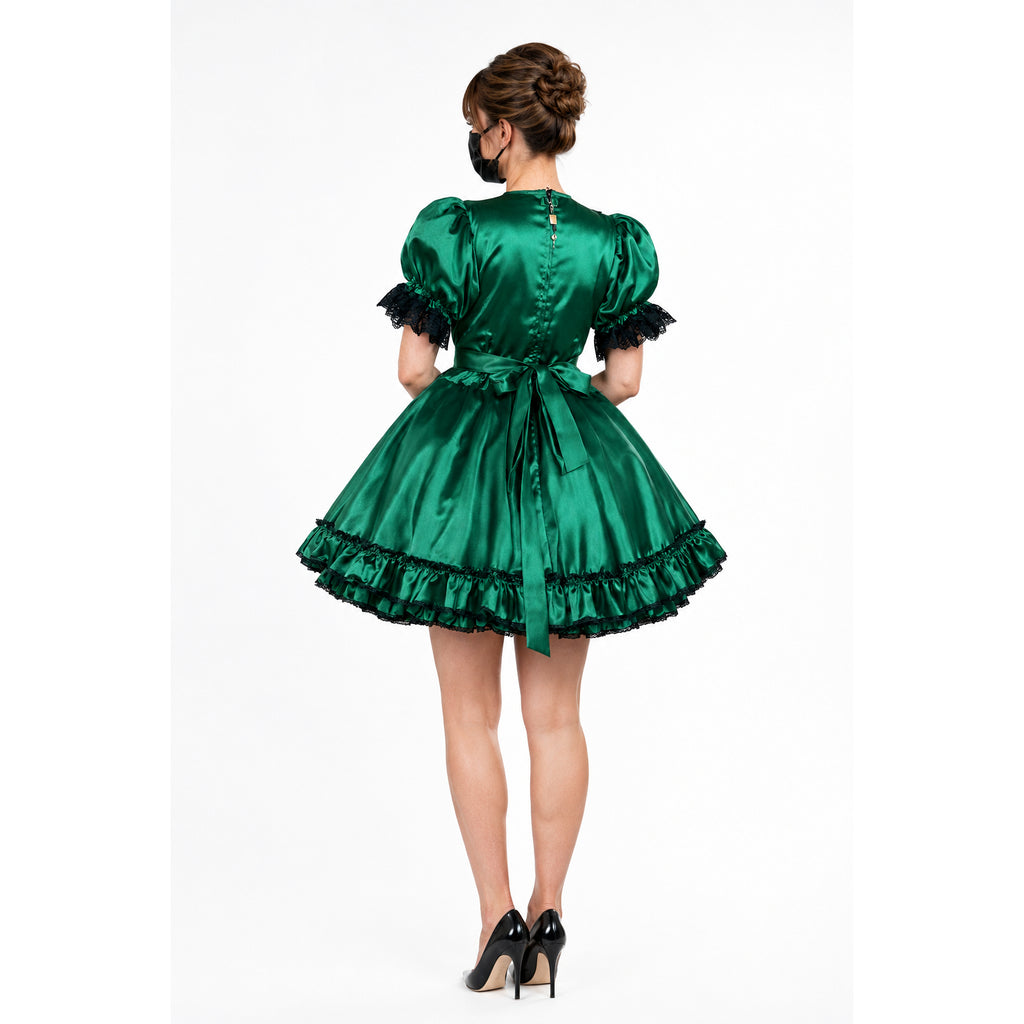 Emerald green sissy maid dress with lace trim and bow, back view