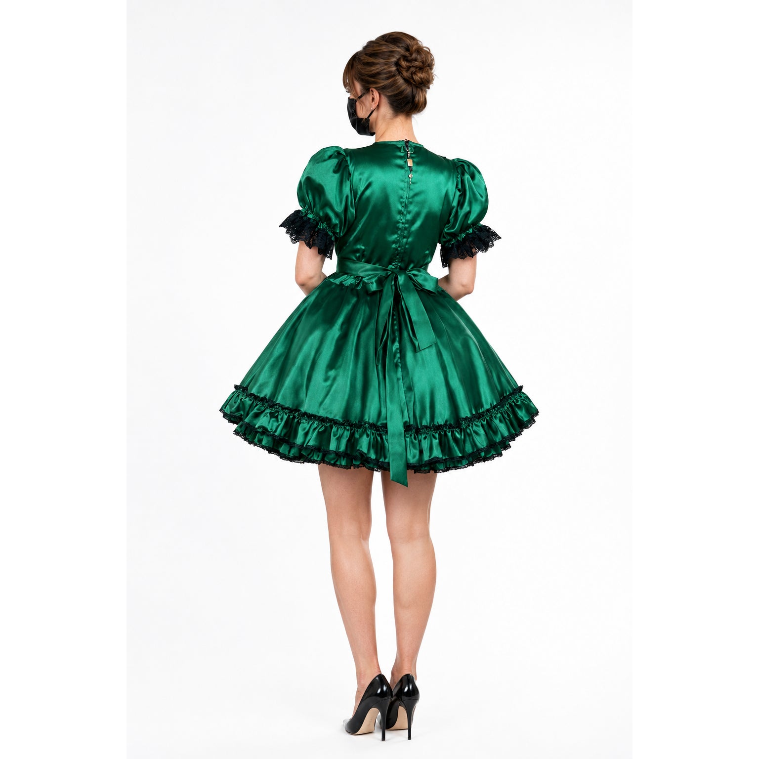 Emerald green sissy maid dress with lace trim and bow, back view