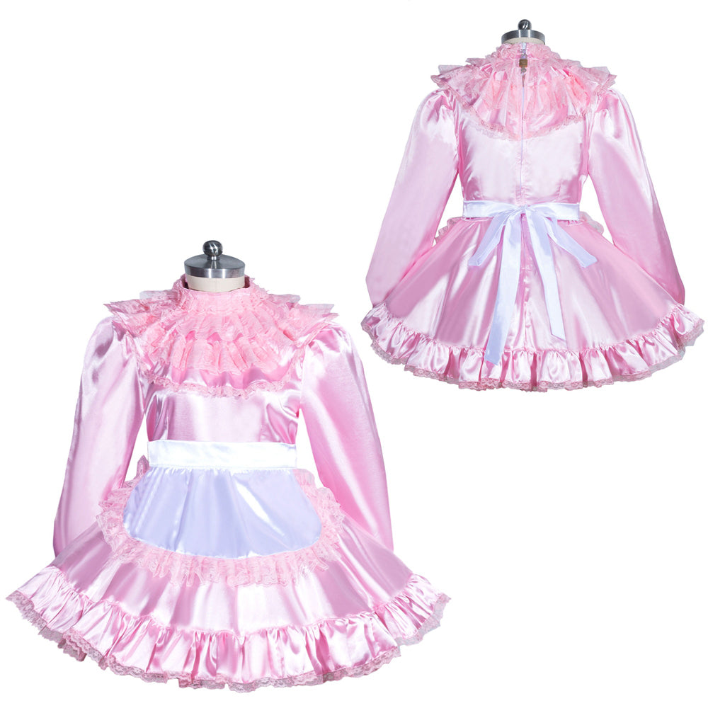 Pink satin sissy maid dress with ruffles, lace trim, and white apron, displayed front and back on mannequin.