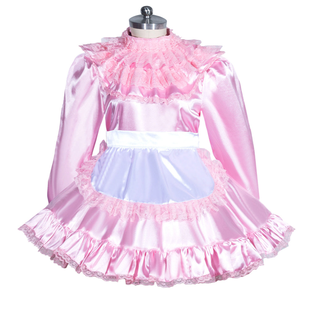 Pink satin sissy maid dress with ruffles and lace trim, elegant costume for fashion play