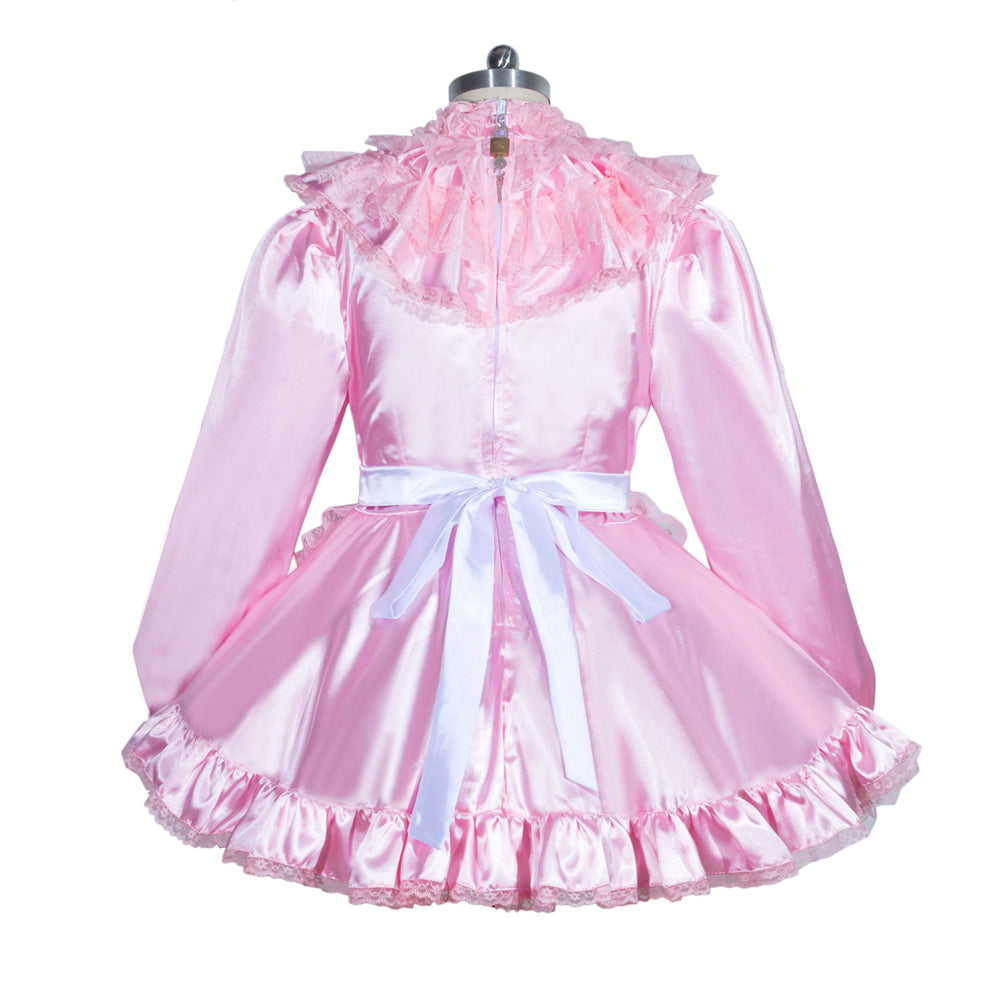 Pink satin sissy maid dress with ruffles and white bow, elegant costume fashion