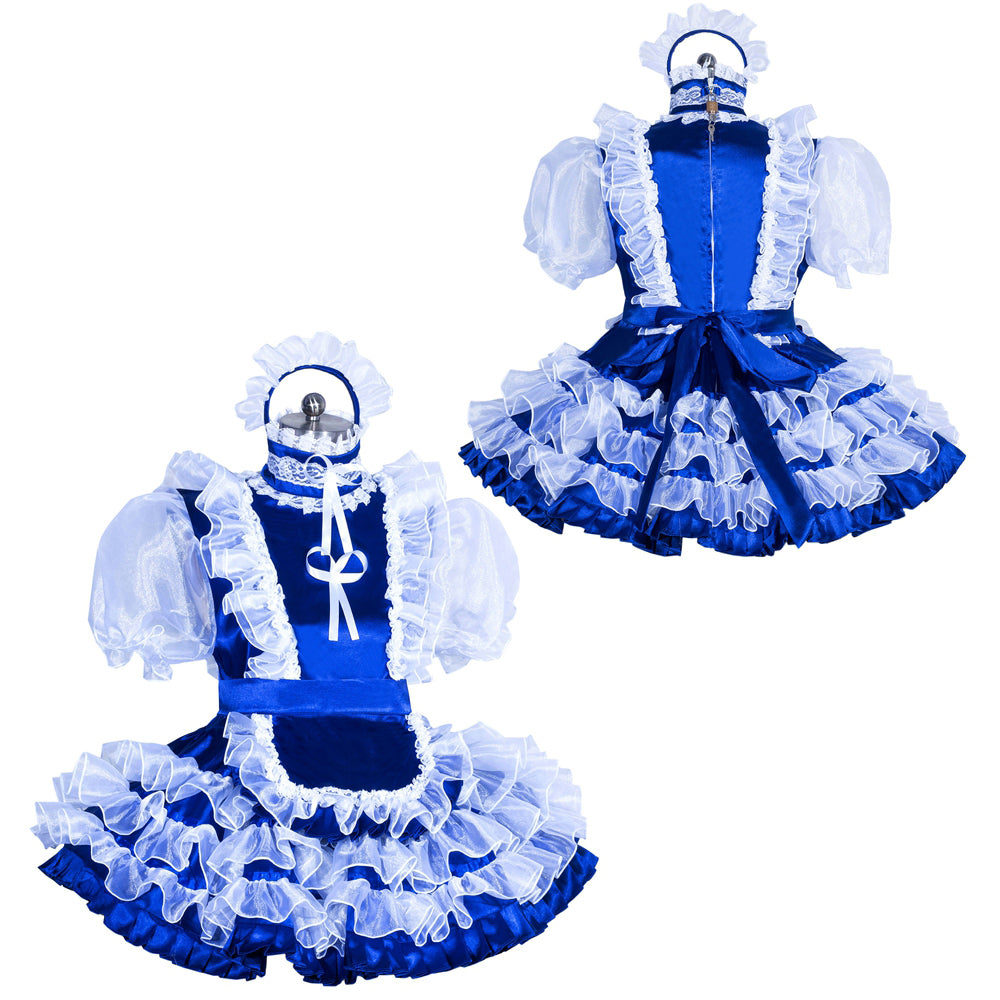 Blue sissy maid dress with white ruffles, puff sleeves, and apron, shown front and back