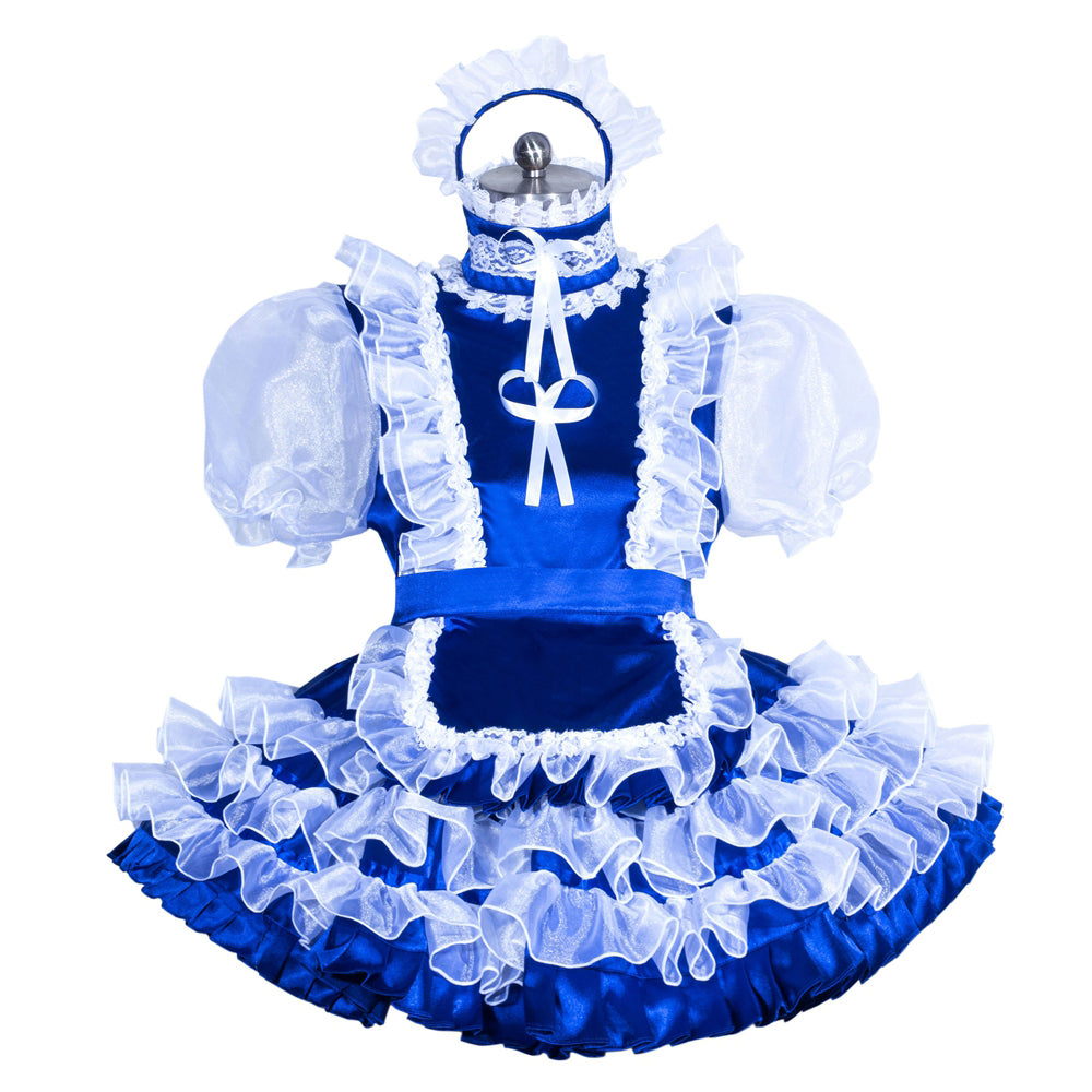 Blue sissy maid dress with white ruffles, puffy sleeves, and lace trim on mannequin