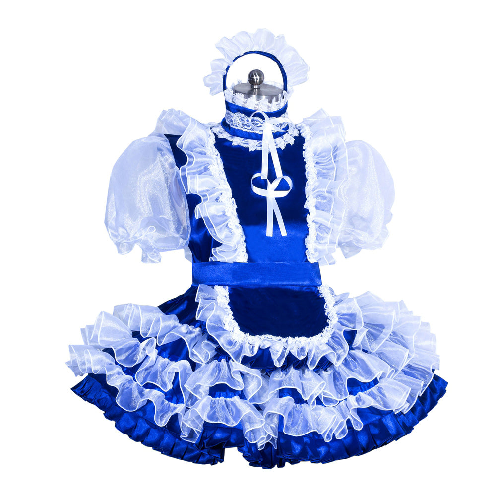 Blue sissy maid dress with white ruffles, lace trim, and puff sleeves on mannequin