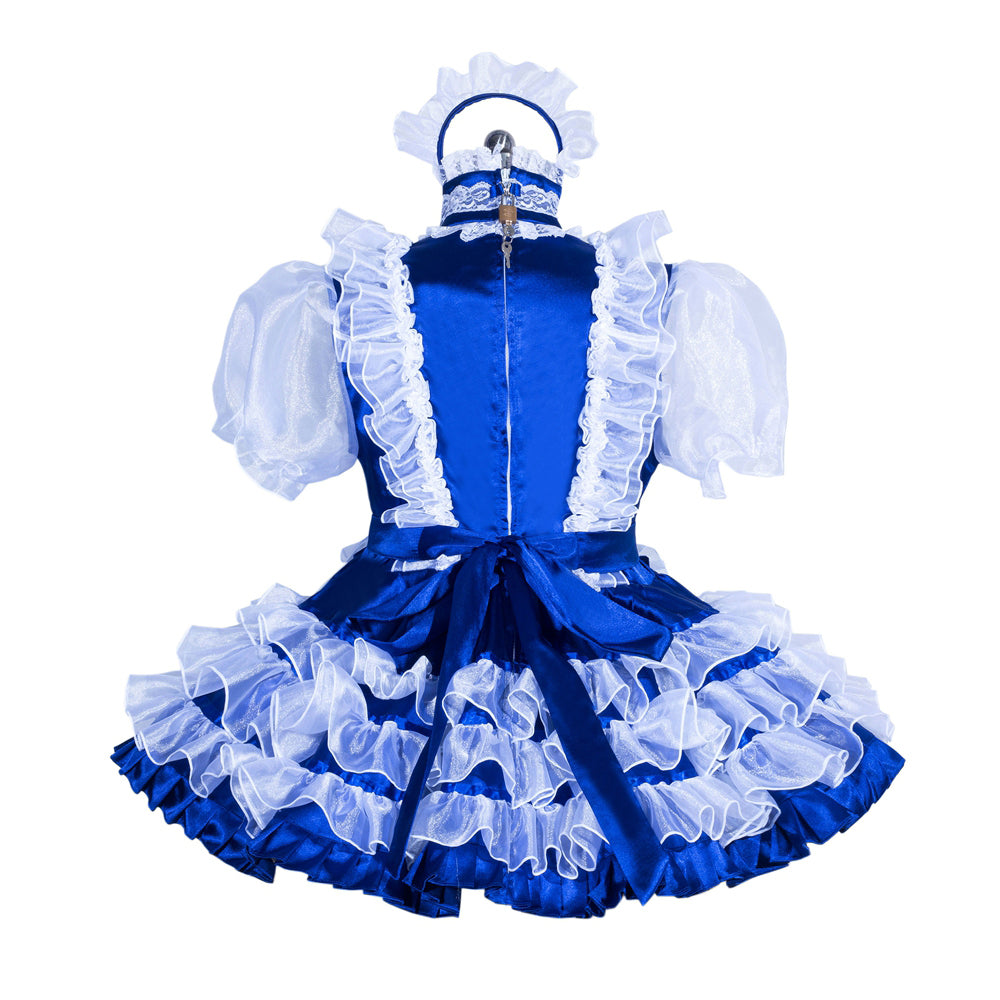 Blue sissy maid dress with white ruffles, puff sleeves, and lockable back detail
