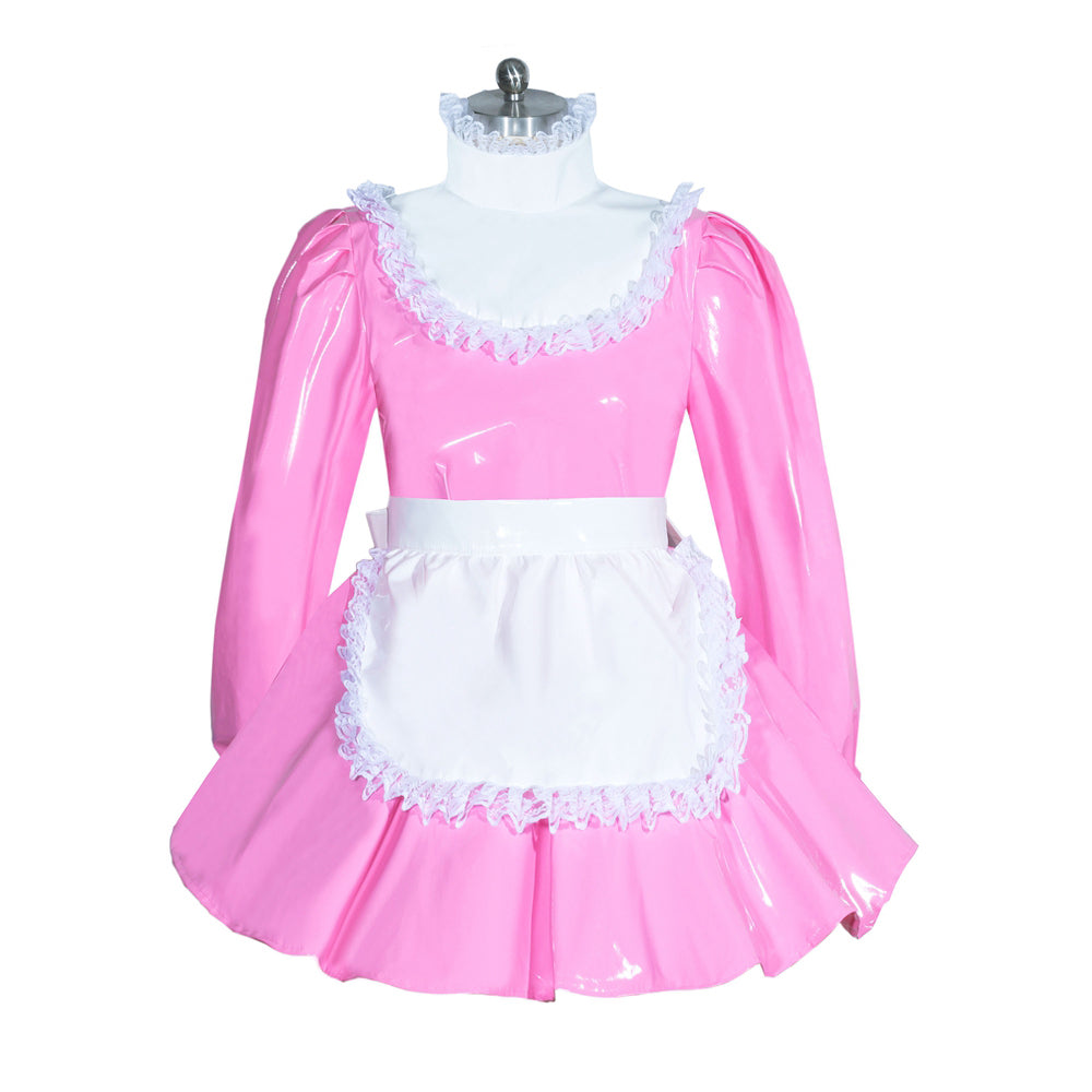 Pink sissy maid dress with white lace trim and apron, PVC material, elegant fit