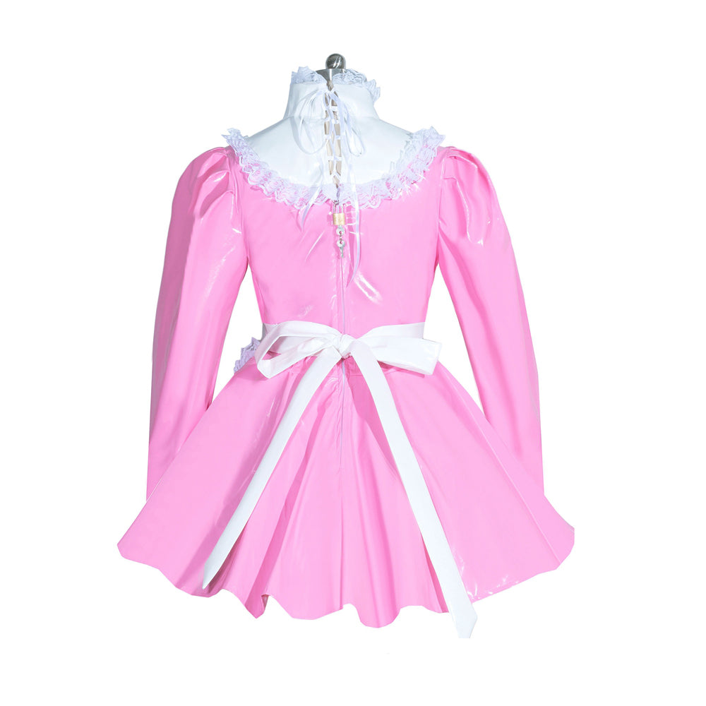 Pink PVC sissy maid dress with white lace collar and bow waist, lockable back design